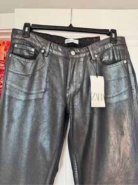 ZARA Shiny Charcoal Coated Jeans NWT